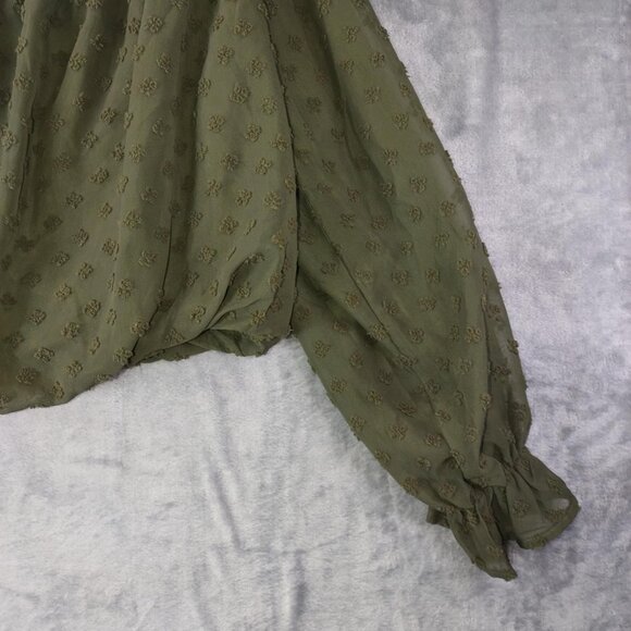 She + Sky Women M Olive Green Off-Shoulder Textured Cropped Dark Cottagecore top - Picture 8 of 11